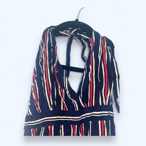 Navy Blue Backless Tied Romper Jumpsuit with Red and Beige Stripes